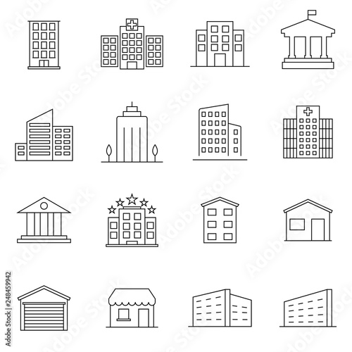 Buildings line icon set. Bank  shop  university  hotel. Architecture concept. Can be used for topics like office  city  real estate