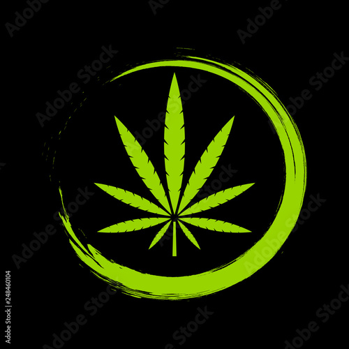 Marijuana leaf. Medical cannabis. Hemp oil. Natural cannabis. Icon product label and logo graphic template. Isolated vector illustration.