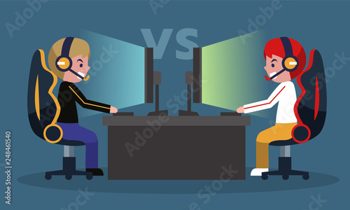 E-sport tournament, cyber online tournament. Two gamer with laptop playing video game. Vector illustration.
