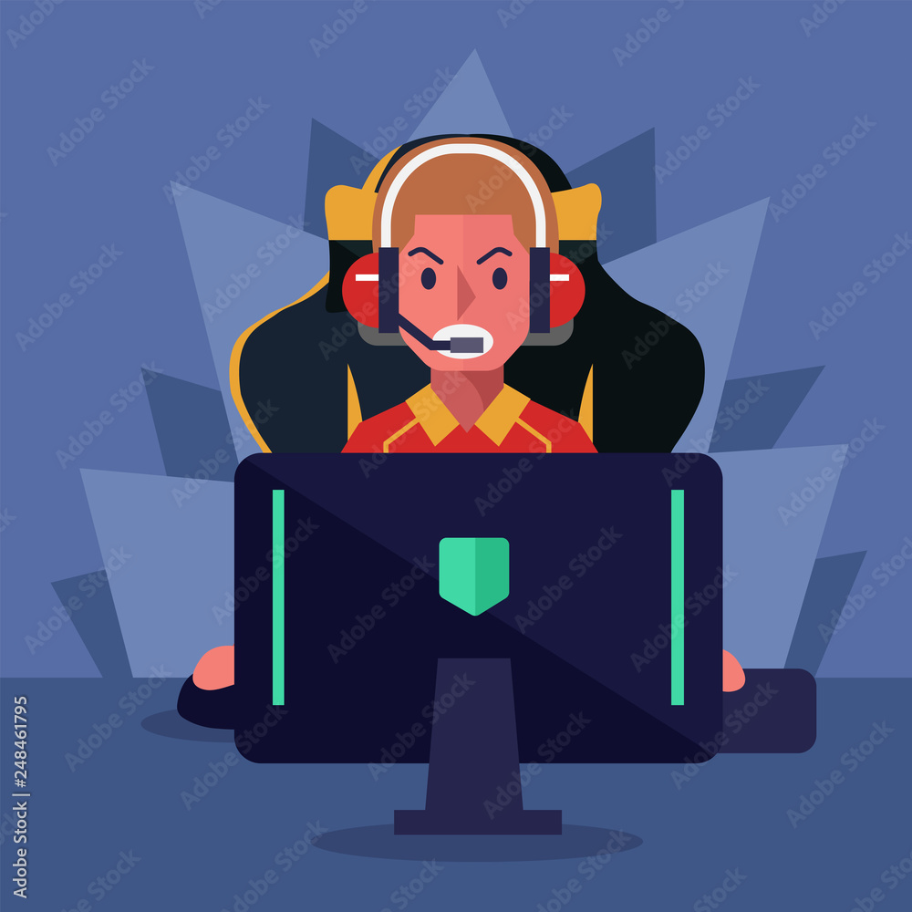 cyber e-sport player. Playing computer game, professional gamer. vector illustration .