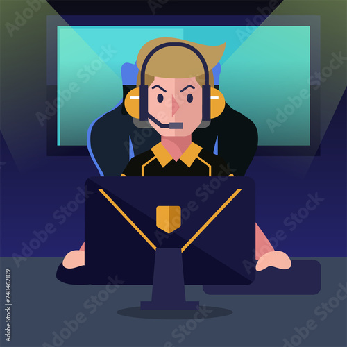 E sport concept, Gamer using computer for playing game in the room. Online streaming. Vector illustration.