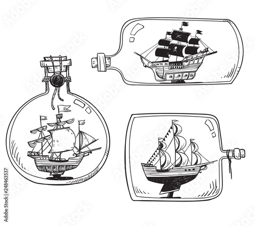 Souvenir from the sea - ship in a bottle. Set of vector drawings.
