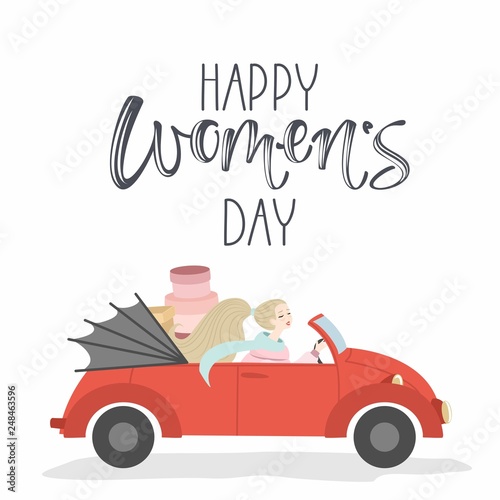 Women's day greeting card with cute illustration and handwritten calligraphy text. Vector.