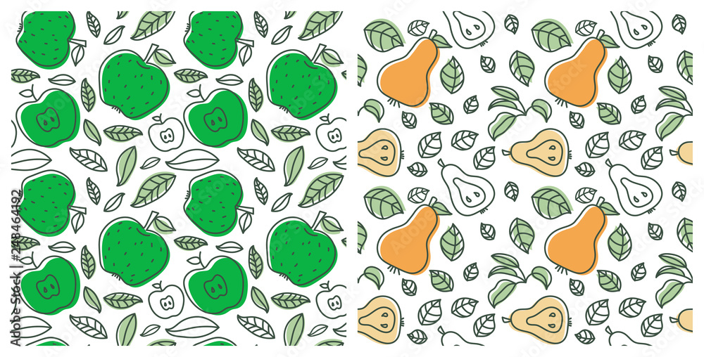 Seamless pattern set. Juicy fruit. Apple and pear. Hand drawn color vector sketch background. Colorful doodle wallpaper. Summer print