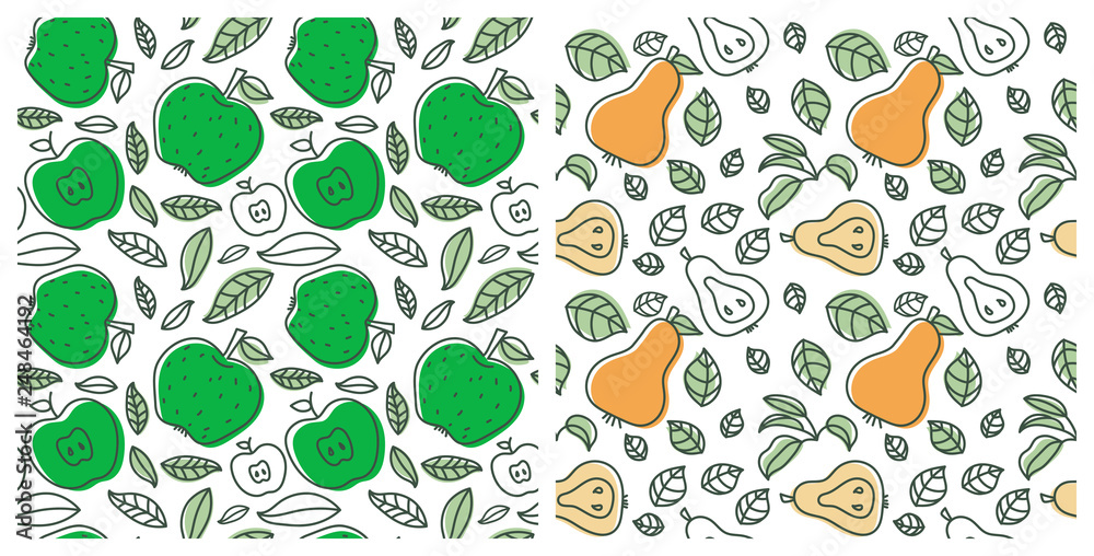 Seamless pattern set. Juicy fruit. Apple and pear. Hand drawn color ...