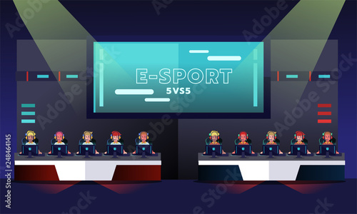 E sport tournament, team of professional gamer playing in competitive video game. Games tournament. Vector illustration .