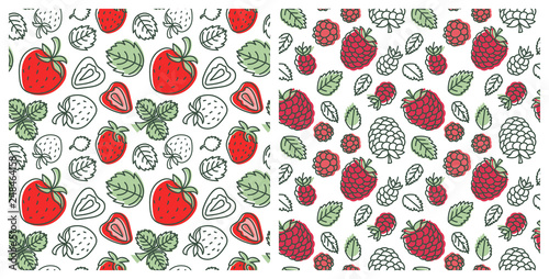 Seamless pattern set. Juicy berry collection. Strawberry and raspberry. Hand drawn color vector sketch background. Colorful doodle wallpaper. Summer print
