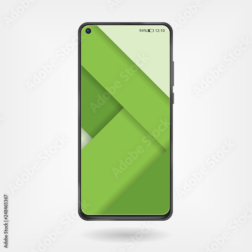Smartphone mockup with hole-punch screen and material design wallpaper.