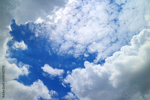 White cumulus and scattered clouds on bright blue sky for background and banner 