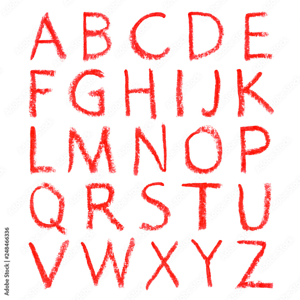 Hand-drawn red lipstick alphabet. Calligraphy font. Modern brushpen lettering. Grunge style alphabet.