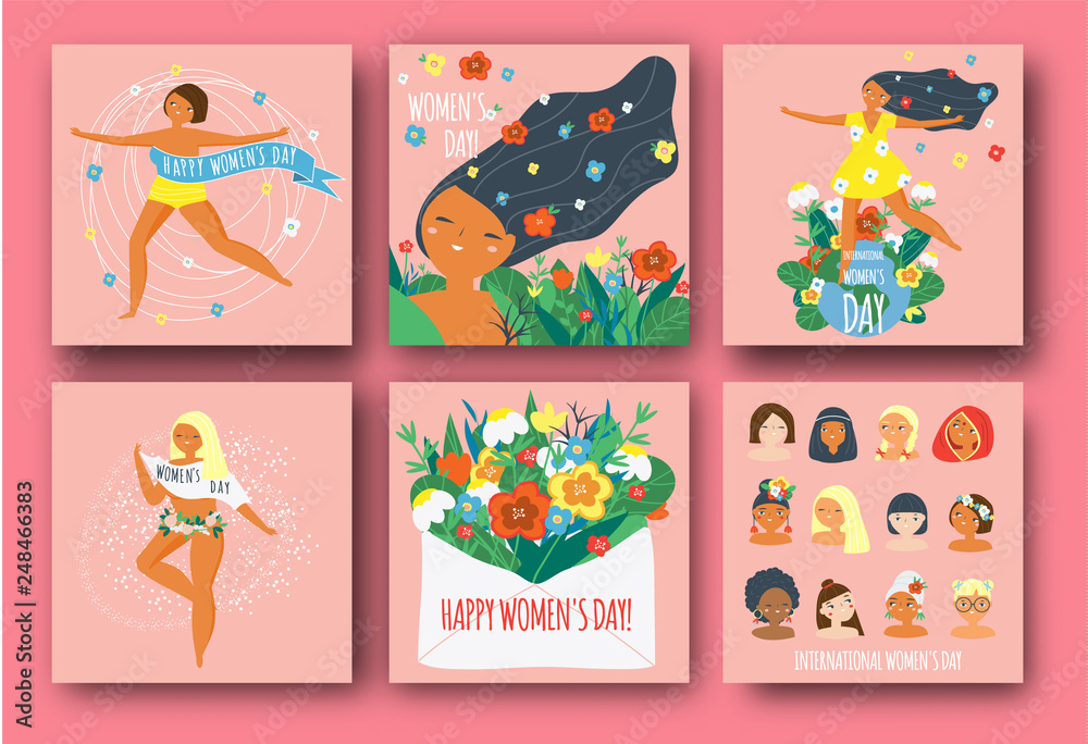 International Women's Day. Happy females of different nationalities and religions. Set of templates for card, poster, banner. Vector illustration for 8 march