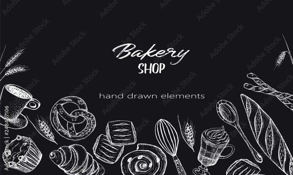 Bakery top view frame. Hand drawn sketch with bread, pastry, sweet.Vector set of bread and bakery products.  Background template for design. Can be use for menu, packaging.
