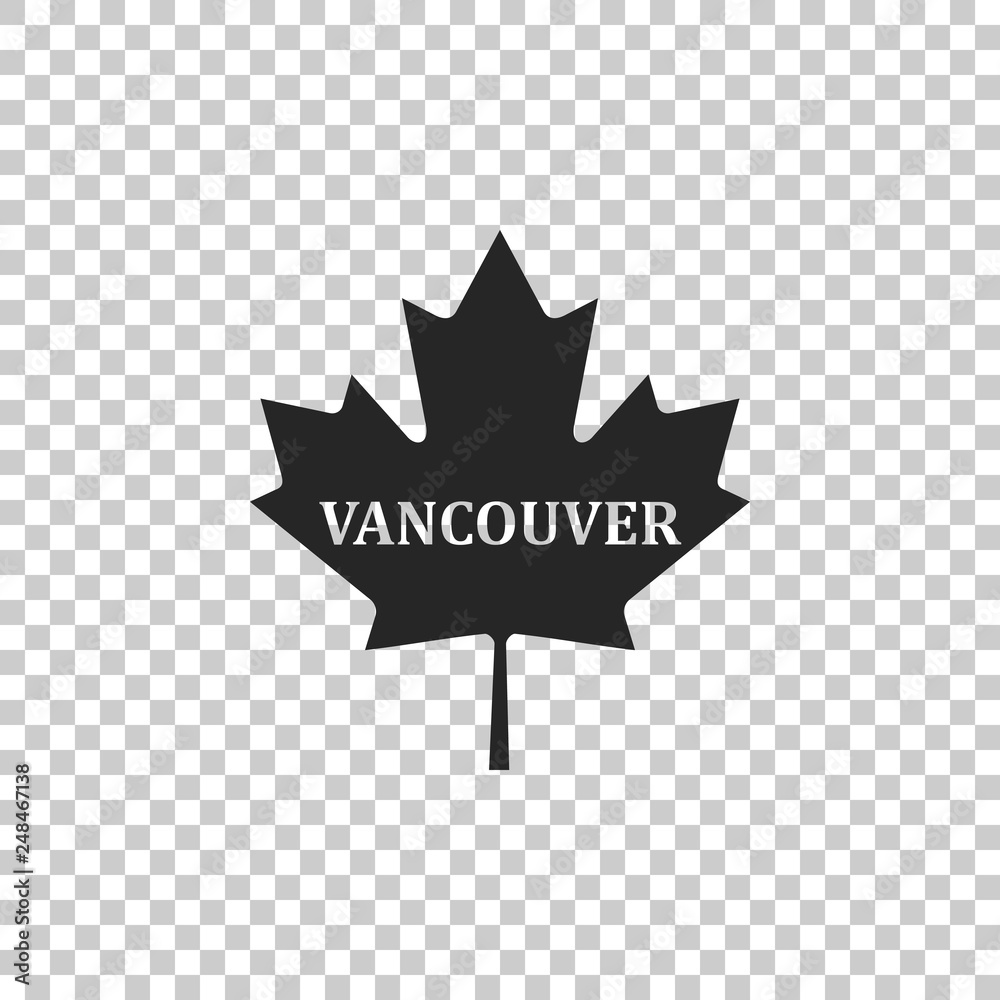 Canadian maple leaf with city name Vancouver icon isolated on transparent background. Flat design. Vector Illustration Canadian maple leaf with city name Vancouver icon isolated on transparent background. Flat design. Vector Illustration
