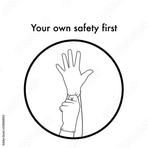 Black and white vector illustration of hands wearing medical neoprene gloves for safety