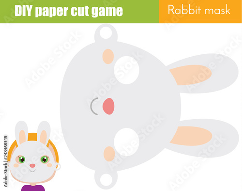 DIY children educational creative game. Make an animal party mask with scissors. Rabbit face paper mask for kids printable sheet