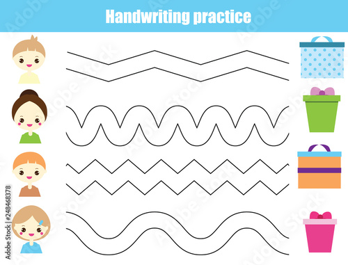Handwriting practice sheet. Educational children game, printable worksheet for kids. Wavy lines