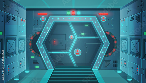 Corridor with a door in a spaceship.Vector cartoon background interior room sci-fi spaceship. Background for games and mobile applications.