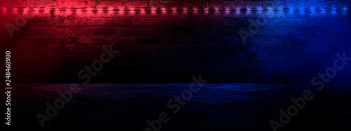 Background of an empty corridor with brick walls and neon light. Brick walls, neon rays and glow