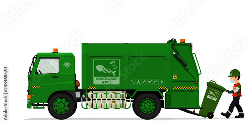 Isolated biodegradable garbage truck and the keeper on transparent background