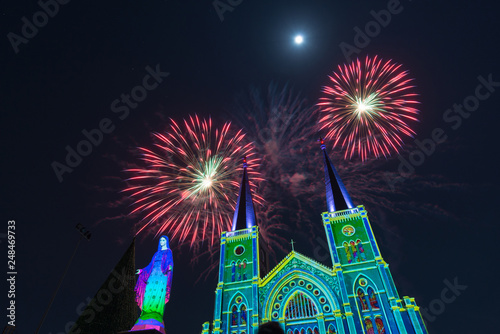 3D Projection Mapping on church at The Cathedral of Immaculate Conception and Fireworks over church Chanthaburi Thailand 25/12/2016. 