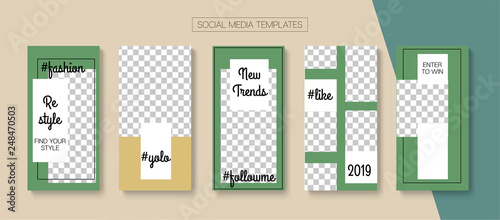 Editable Stories Minimal Vector Layout. Social Media Like and Share, Trends, Sale -50 Photo Frames Kit. Sale Insta Stories Layout