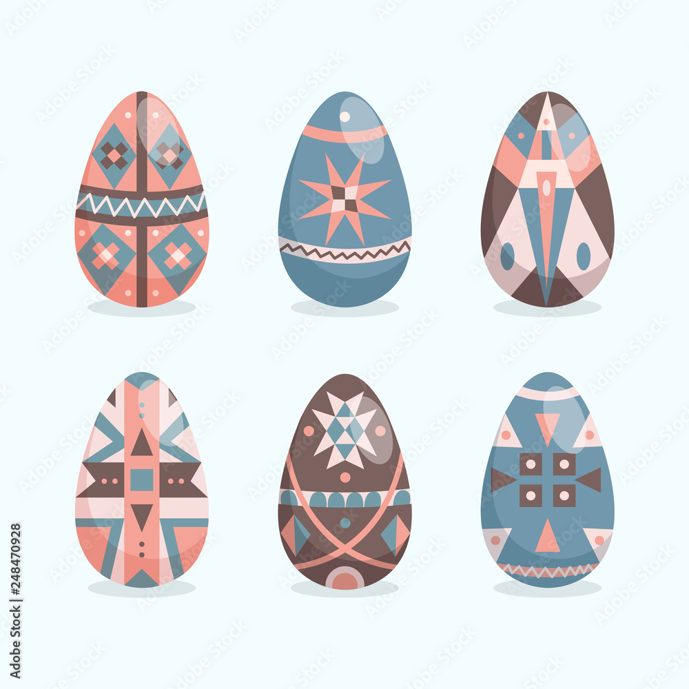 Easter eggs flat style collection. Spring holiday. Happy Easter. Set of Easter eggs with different ornament on a white background.
