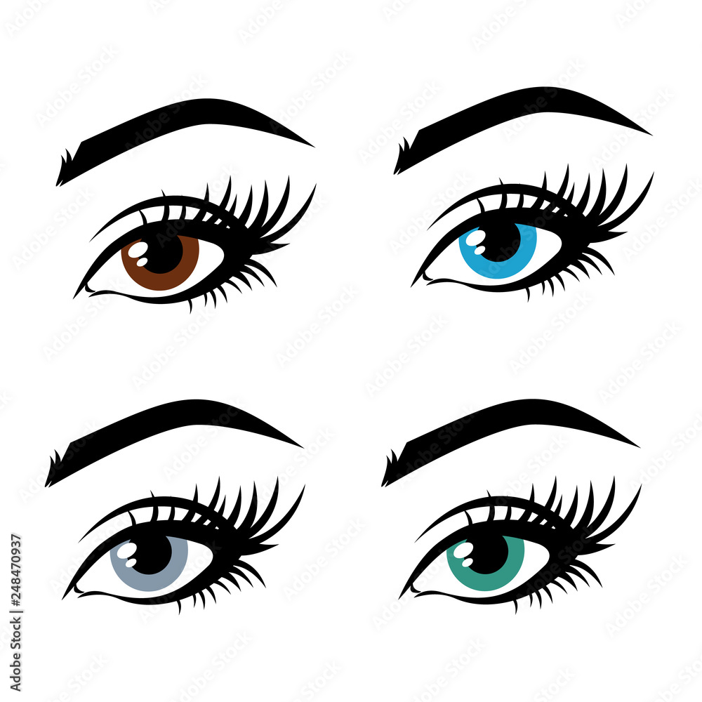 Illustration of woman's eyes with a multi-colored iris, brown, blue, gray, green. Contact lenses, vision. Idea for business visit card, typography vector. Perfect salon look.