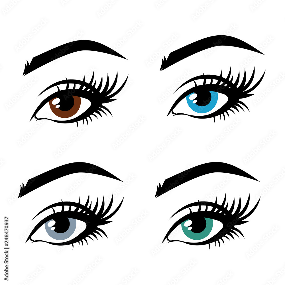 Illustration of woman's eyes with a multi-colored iris, brown, blue, gray, green. Contact lenses, vision. Idea for business visit card, typography vector. Perfect salon look. Illustration of woman's eyes with a multi-colored iris, brown, blue, gray, green. Contact lenses, vision. Idea for business visit card, typography vector. Perfect salon look.