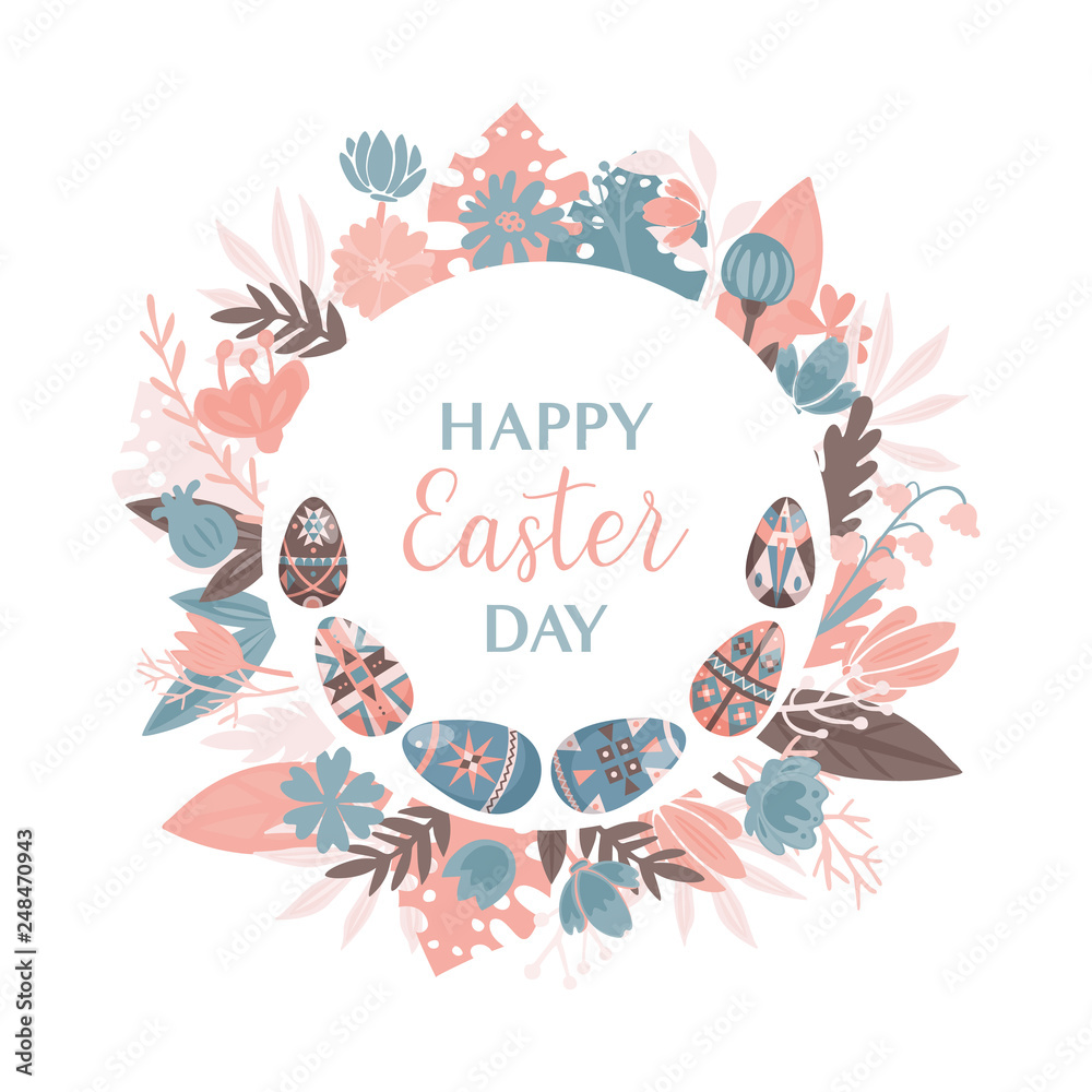 Easter round frame with floral elements and decorated eggs. Happy Easter design template with eggs and flowers. Easter round frame with floral elements and decorated eggs. Happy Easter design template with eggs and flowers.
