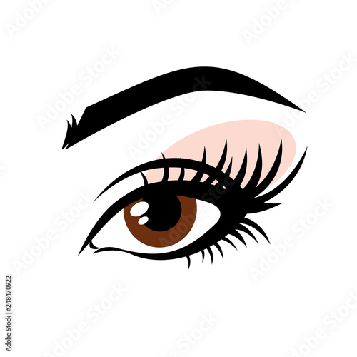 Eyelash extension logo. Vector illustration of brown eye with long eyelashes and make-up. For beauty salon, lash extensions maker.