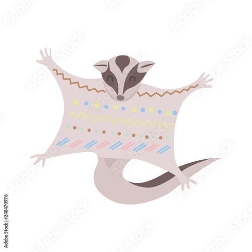 Stylized sugar glider isolated on white background. Tribal flat sugar glider flying. Australian animal.