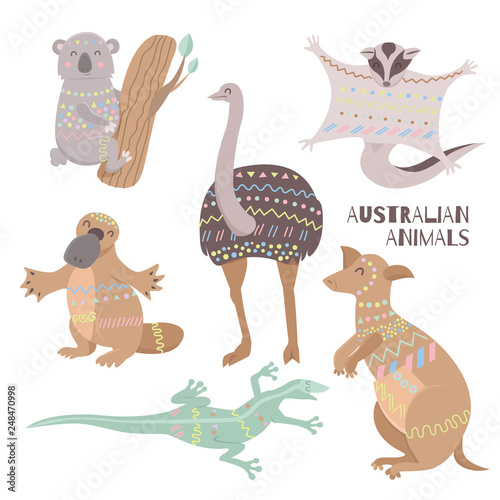 Stylized australian animals isolated on white background. Tribal flat australian animals collection. Fauna symbols of australian continent.