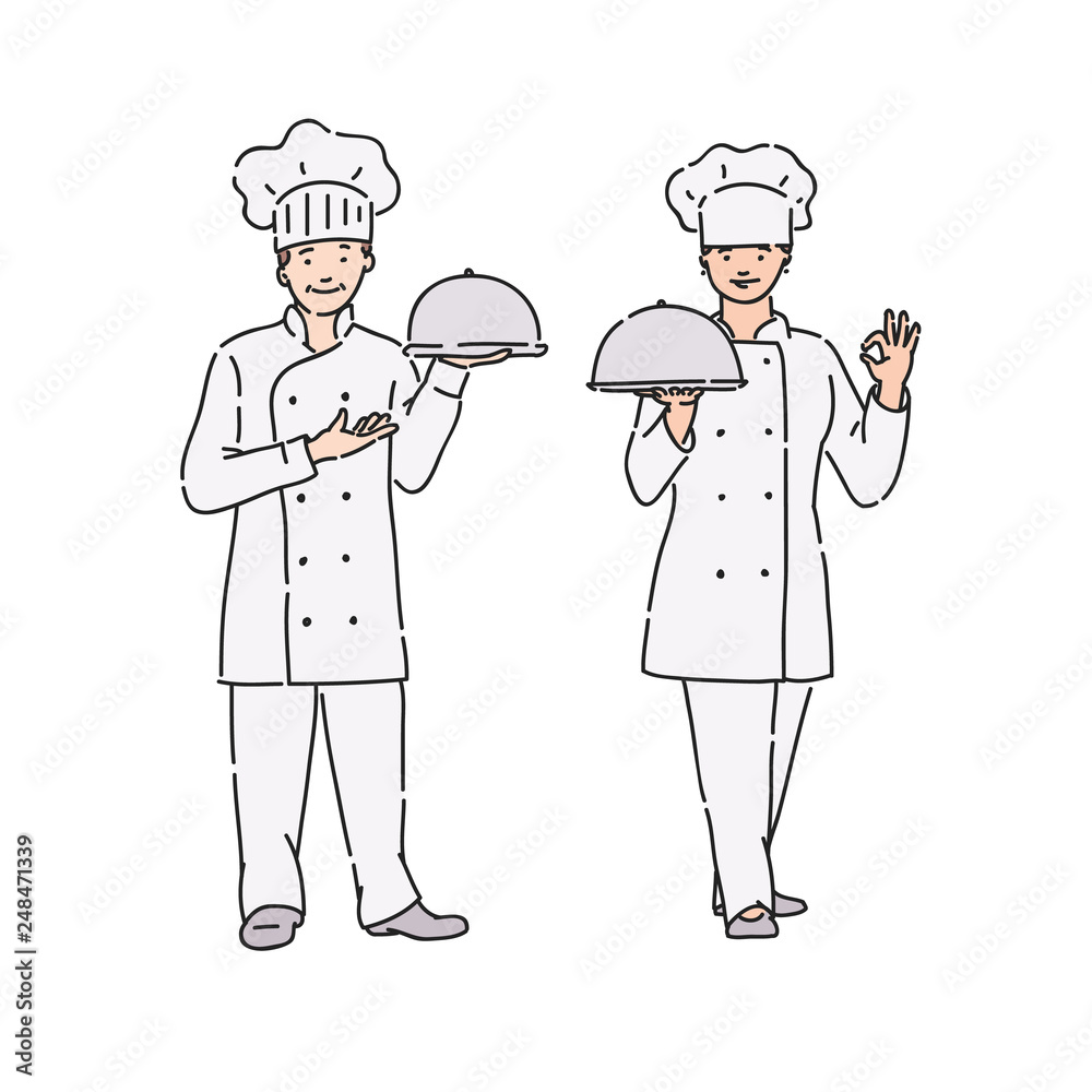Chef woman and man in professional uniform with dish in hand. Vector illustration in line art style on white background. Chef woman and man in professional uniform with dish in hand. Vector illustration in line art style on white background.