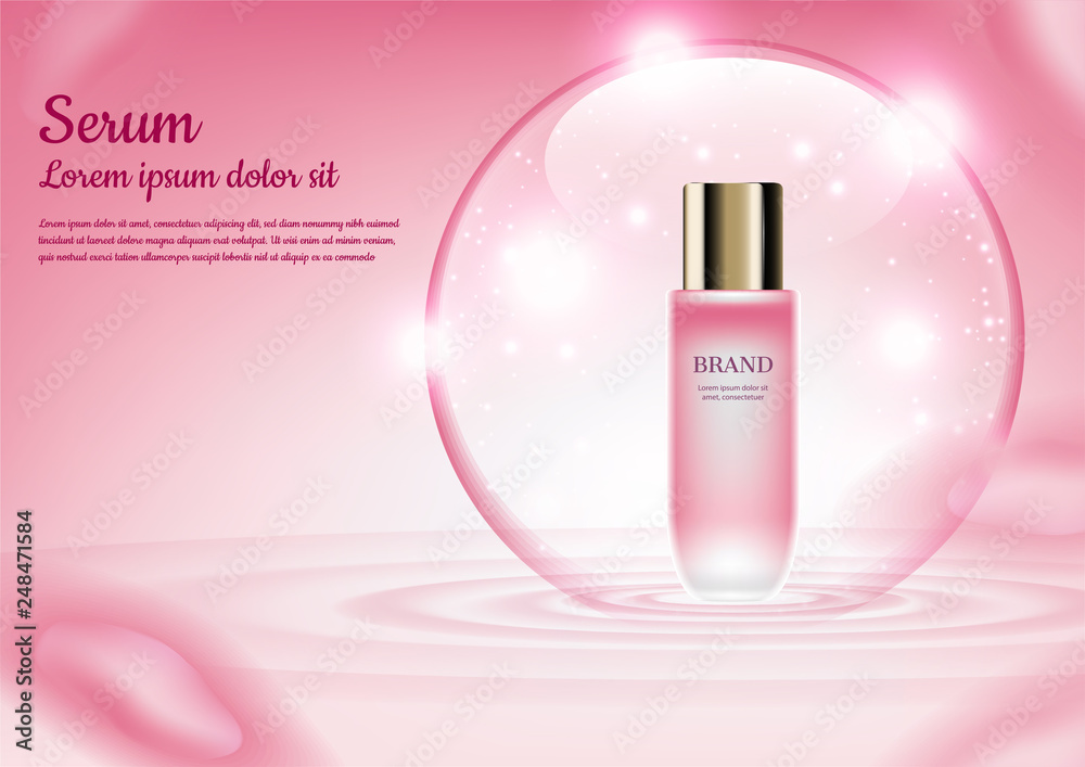 Floating serum in shiny bubble with concentric wave on pink background Floating serum in shiny bubble with concentric wave on pink background