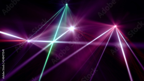 D rendered blue and shiny multiple spotlights on a theatre stage lighting rig laser lights in party
