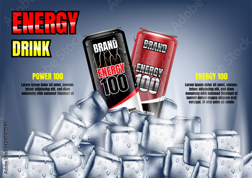 Energy drink cans with ice cubes and template