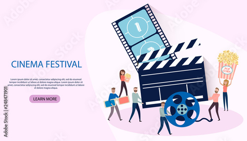 Making movie, video production landing page template with tiny people in the process of shooting a movie. Editable vector illustration