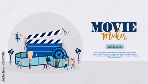 Making movie, video production landing page template with tiny people in the process of shooting a movie. Editable vector illustration