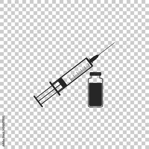 Medical syringe with needle and vial icon isolated on transparent background. Concept of vaccination, injection. Flat design. Vector Illustration