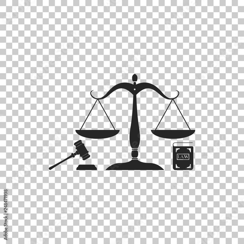 Scales of justice, gavel and book icon isolated on transparent background. Symbol of law and justice. Concept law. Legal law and auction symbol. Flat design. Vector Illustration