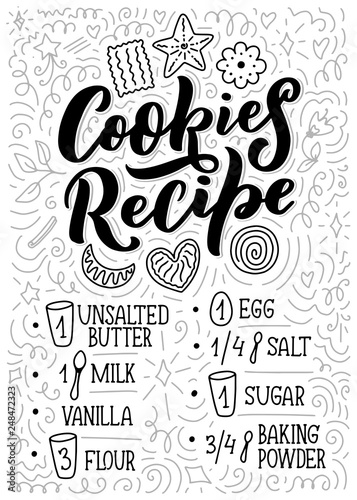 Lettering with cookies recipe. Delicious poster. Concept design. Vector illustration. Funny christmas text. Bakery card.