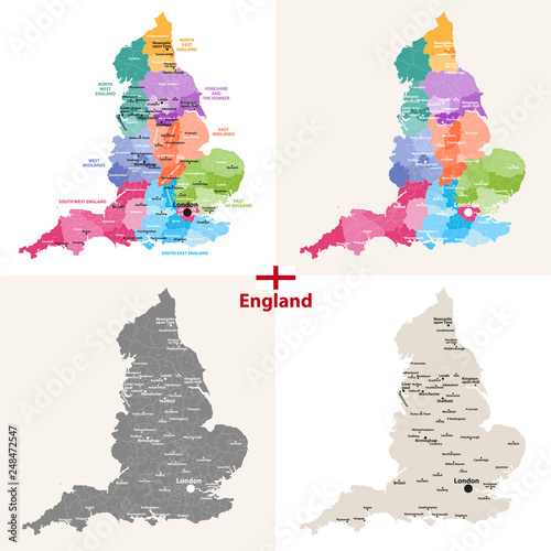 England maps with largest cities vector set