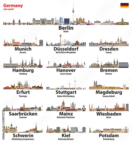 Germany state capitals cities skylines vector detailed illustrations set