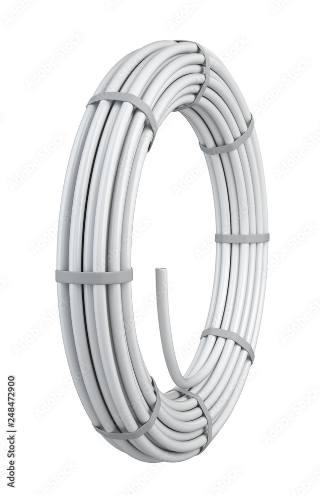 Pipes for water. Packaging rolled up in the form of a ring tied with a nylon ribbon. Pipes for water. Packaging rolled up in the form of a ring tied with a nylon ribbon.