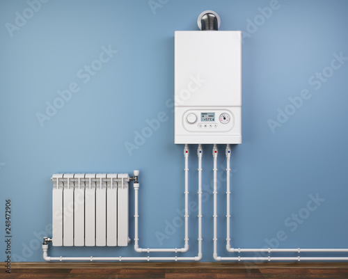Gas boiler and heater radiator with pipelines on blue wall in house. Heating system.