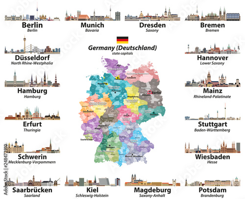 Germany map with state capitals cities skylines vector set. All layers are labelled and well organized