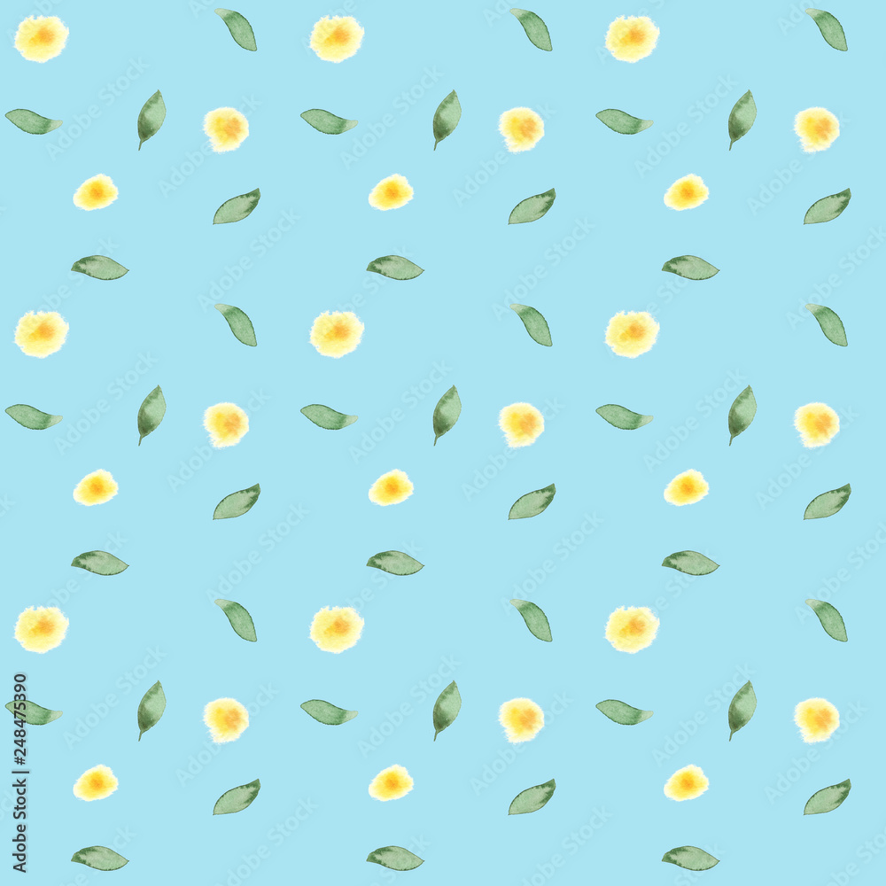 Watercolor hand-painted simple botanic leaves and flowers seamless pattern on light blue background Watercolor hand-painted simple botanic leaves and flowers seamless pattern on light blue background