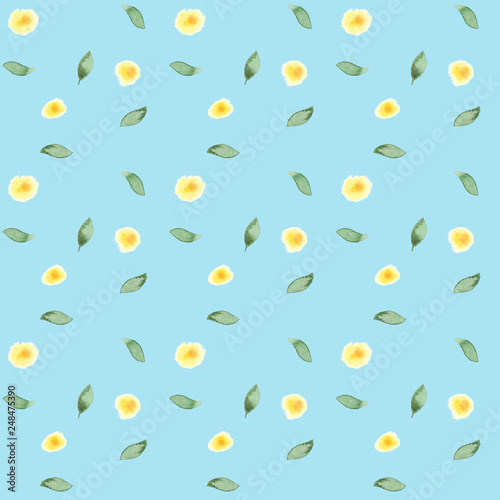 Watercolor hand-painted simple botanic leaves and flowers seamless pattern on light blue background