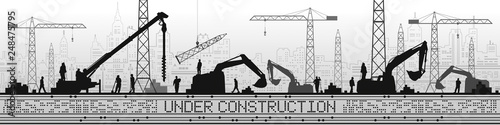 Under Construction illustration. Buildings panorama, industrial landscape, Constructional cranes and excavators, urban scene. People working. Vector lines design art