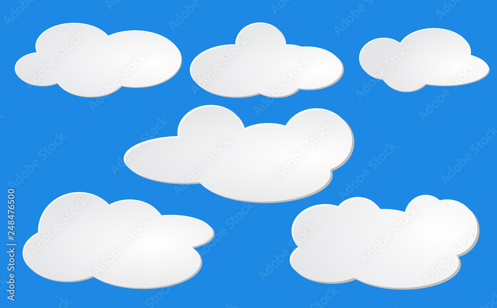Clouds set isolated on blue background. Collection of clouds for web site, poster, placard and wallpaper.